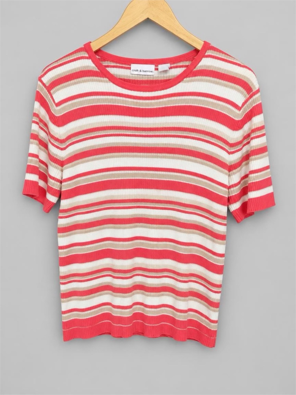 croft & barrow Coral and Cream Striped Short-Sleeve Rib Knit Top